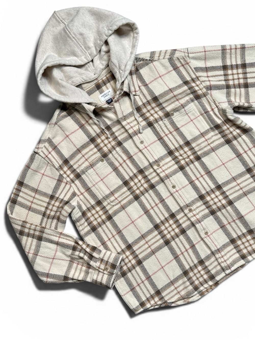 AMERICAN EAGLE HOODED FLANNEL SHIRT FROSTY CREAM PLAID BAJA BUTTON UP SHACKET - Picture 5 of 13